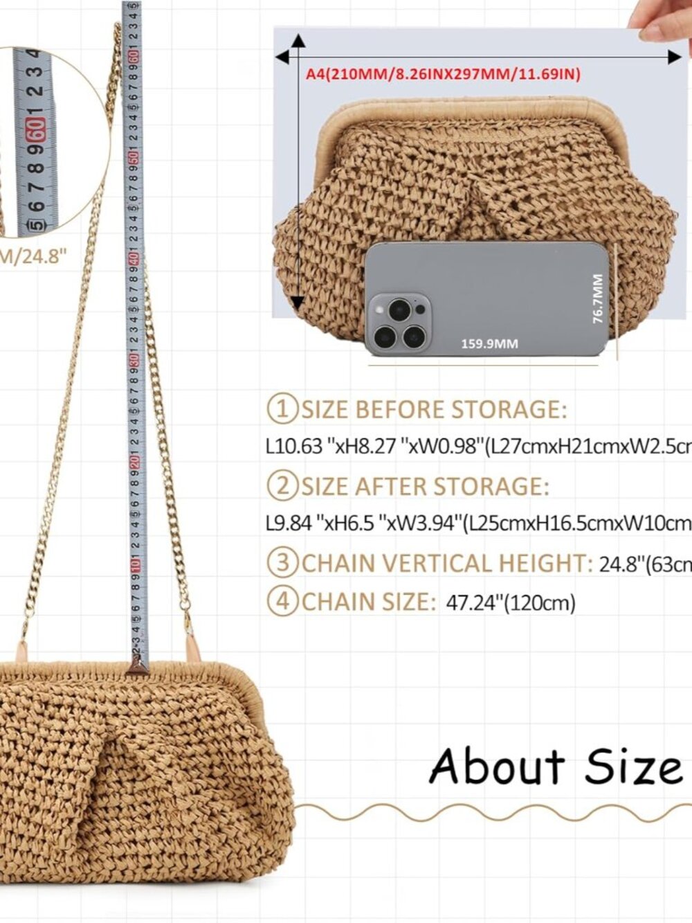 Straw Clutch Purses for Women Cloud Dumpling Pouch Straw Crossbody Shoulder Hand - Picture 5 of 6